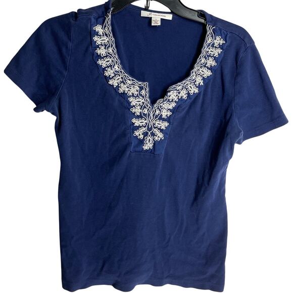 JM Collection Top Size S Blue Embroidery Short Sleeves Cotton Scoop Neck Boho - Picture 1 of 5